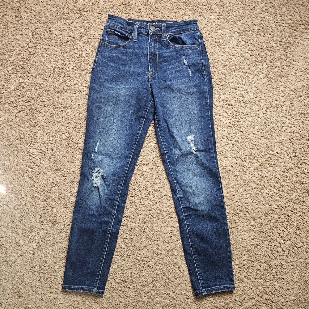 Aero Jeans Womens 4 24x25 Blue Super High Rise Slim Denim Stretch Distressed